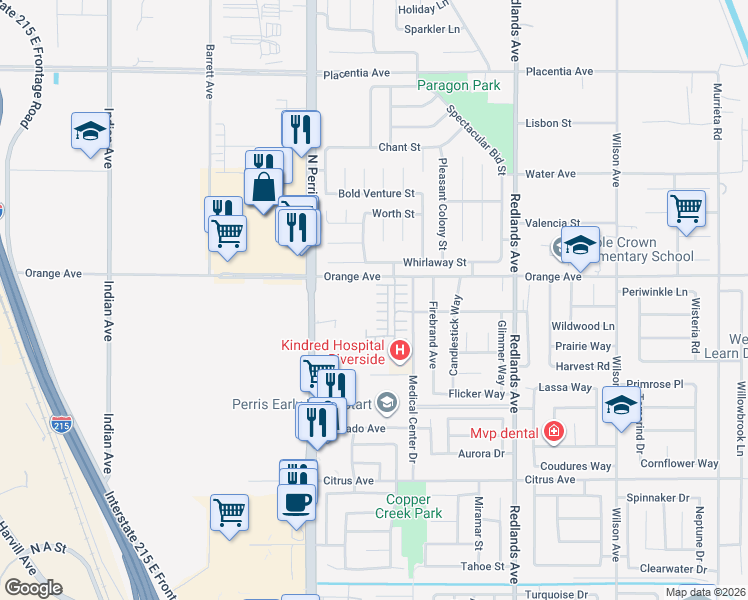 map of restaurants, bars, coffee shops, grocery stores, and more near 81 Orange Avenue in Perris