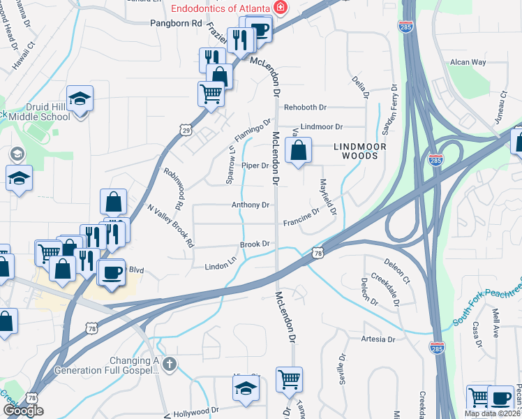 map of restaurants, bars, coffee shops, grocery stores, and more near 3130 Francine Drive in Decatur