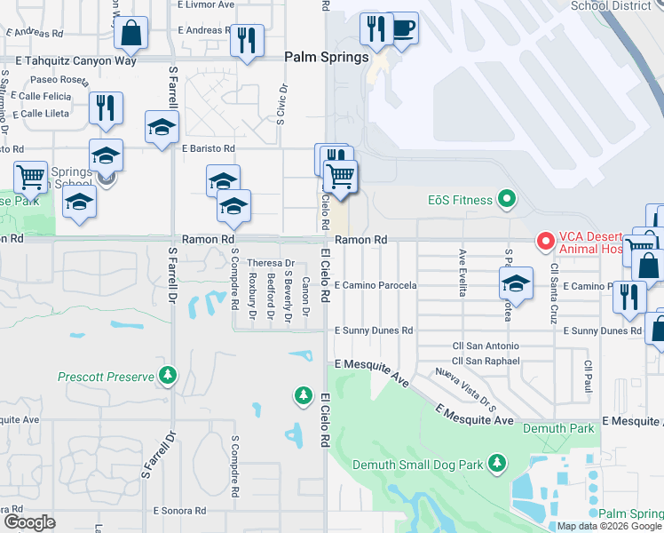 map of restaurants, bars, coffee shops, grocery stores, and more near 557 El Cielo Road in Palm Springs