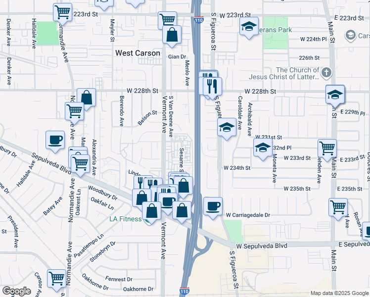 map of restaurants, bars, coffee shops, grocery stores, and more near 23228 Sesame Street in Torrance