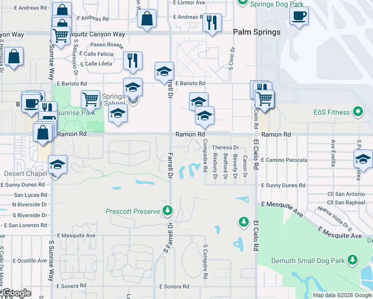 map of restaurants, bars, coffee shops, grocery stores, and more near in Palm Springs