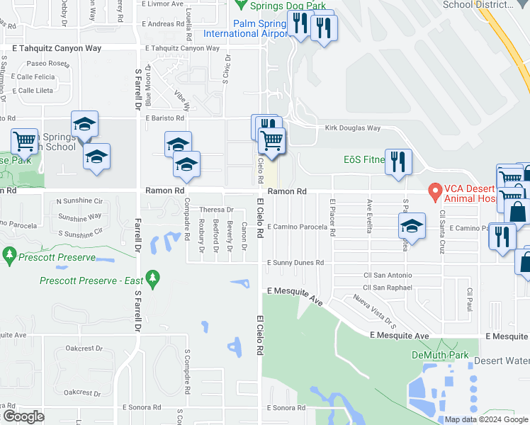 map of restaurants, bars, coffee shops, grocery stores, and more near 557 El Cielo Road in Palm Springs