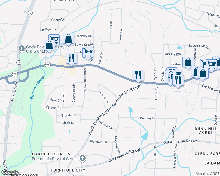map of restaurants, bars, coffee shops, grocery stores, and more near 1736 Belcher Circle in Austell