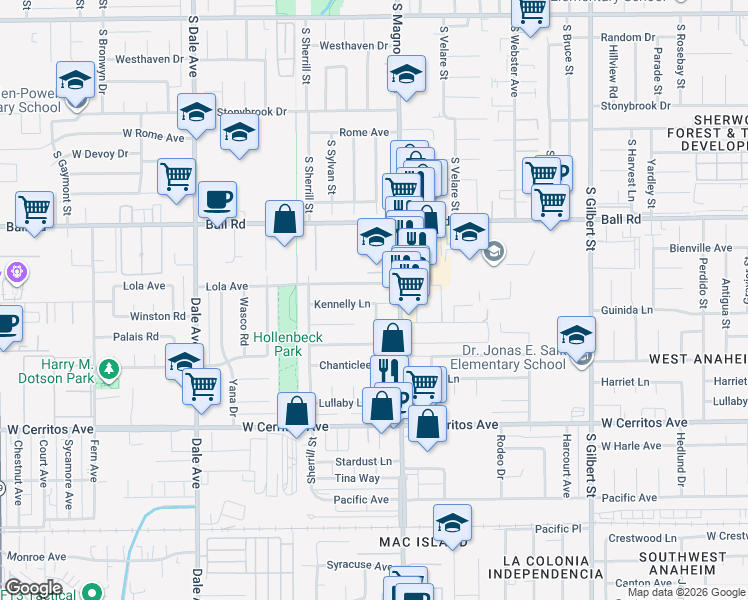 map of restaurants, bars, coffee shops, grocery stores, and more near 8921 Kennelly Lane in Anaheim