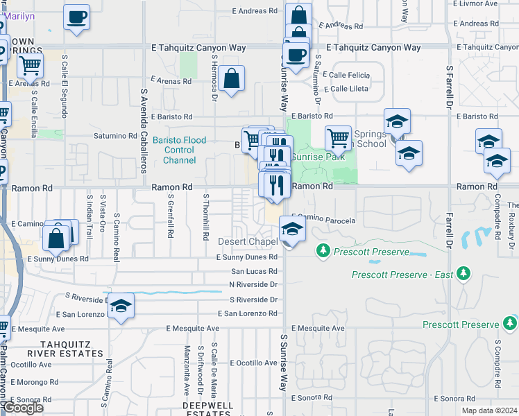 map of restaurants, bars, coffee shops, grocery stores, and more near 256 Pocahontas Street in Palm Springs