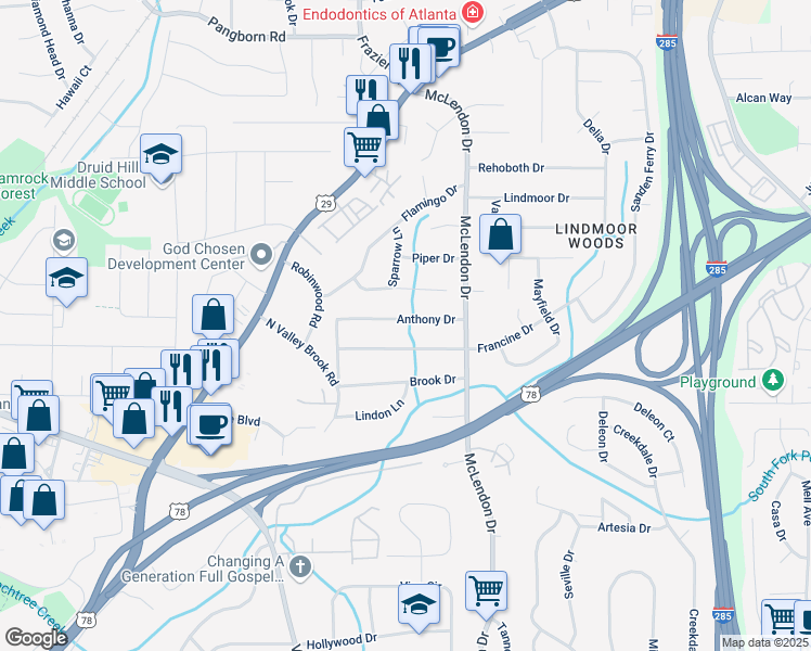 map of restaurants, bars, coffee shops, grocery stores, and more near 3081 Anthony Drive in Decatur