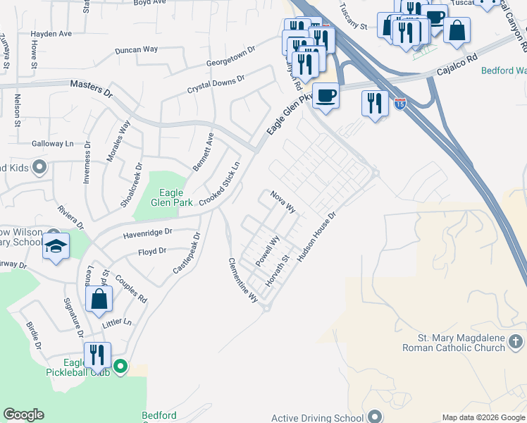 map of restaurants, bars, coffee shops, grocery stores, and more near 2284 Palmer Drive in Corona