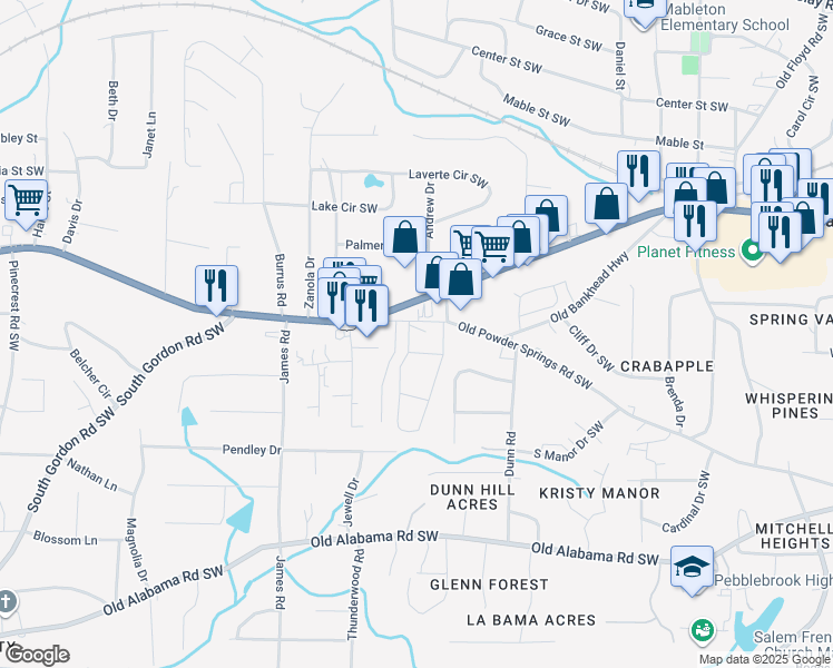 map of restaurants, bars, coffee shops, grocery stores, and more near 1331 Old Powder Springs Road Southwest in Mableton