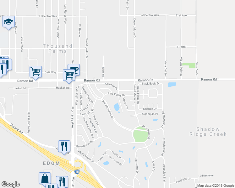 map of restaurants, bars, coffee shops, grocery stores, and more near 73340 Pine Valley Drive in Thousand Palms