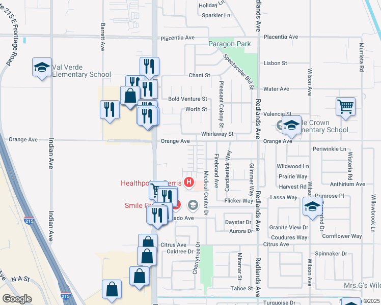 map of restaurants, bars, coffee shops, grocery stores, and more near 130 Citron Court in Perris