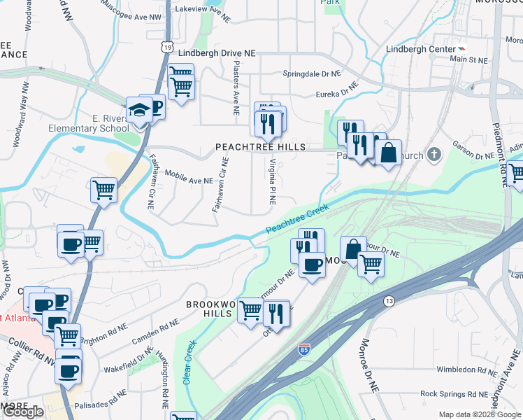 map of restaurants, bars, coffee shops, grocery stores, and more near 2186 Virginia Place Northeast in Atlanta