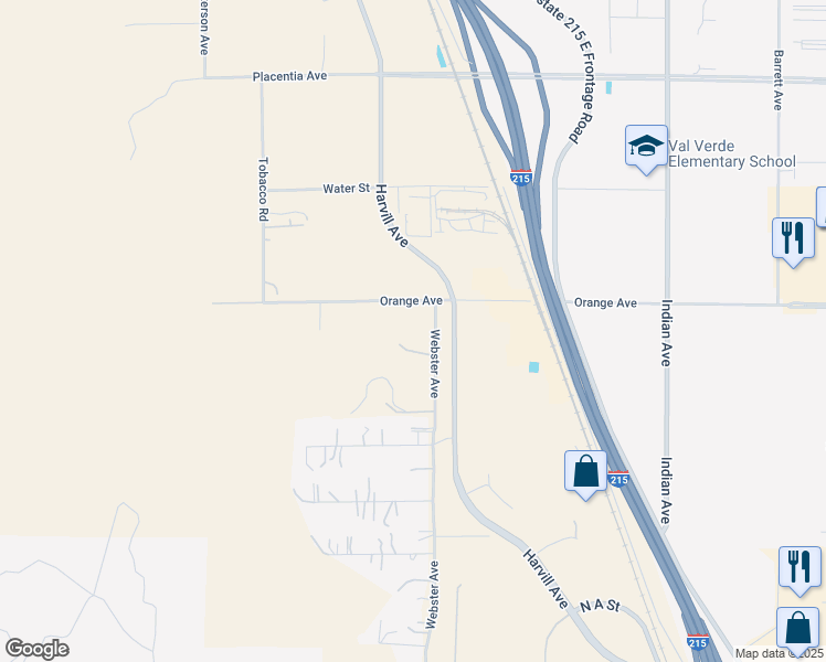 map of restaurants, bars, coffee shops, grocery stores, and more near 21063 Webster Avenue in Perris