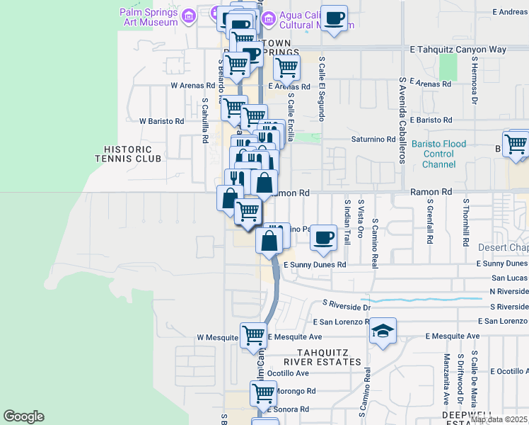 map of restaurants, bars, coffee shops, grocery stores, and more near 611 South Palm Canyon Drive in Palm Springs