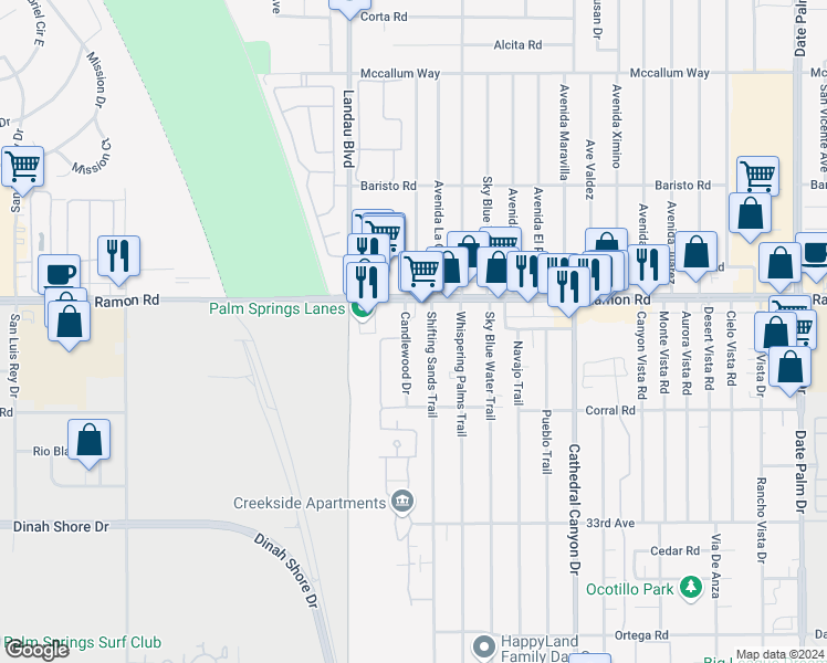 map of restaurants, bars, coffee shops, grocery stores, and more near 32150 Candlewood Drive in Cathedral City