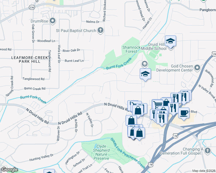 map of restaurants, bars, coffee shops, grocery stores, and more near 1208 Laurel Hill Drive in Decatur