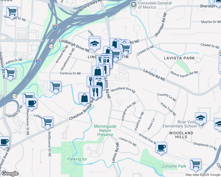 map of restaurants, bars, coffee shops, grocery stores, and more near 2175 Lenox Road Northeast in Atlanta