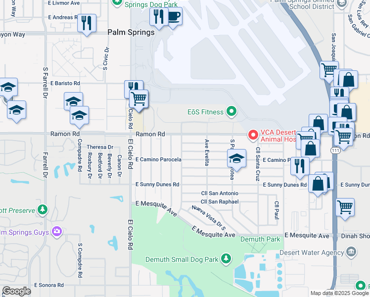 map of restaurants, bars, coffee shops, grocery stores, and more near 3710 East Calle De Carlos in Palm Springs