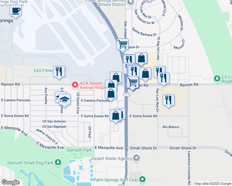 map of restaurants, bars, coffee shops, grocery stores, and more near 4775 1/2 Ramon Road in Palm Springs