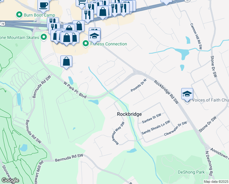 map of restaurants, bars, coffee shops, grocery stores, and more near 2415 West Park Place Boulevard in Stone Mountain