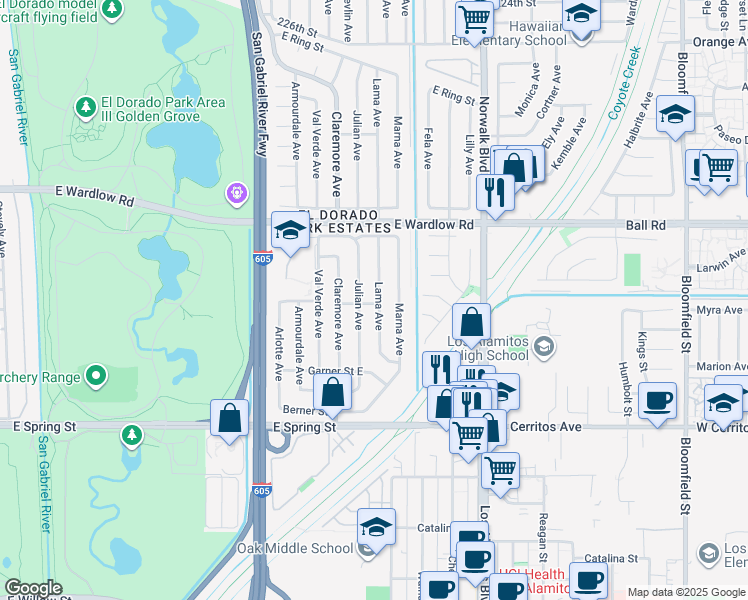 map of restaurants, bars, coffee shops, grocery stores, and more near 3201 Lama Avenue in Long Beach