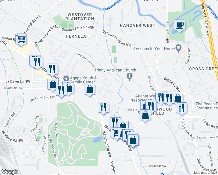 map of restaurants, bars, coffee shops, grocery stores, and more near 1737 Liberty Parkway Northwest in Atlanta