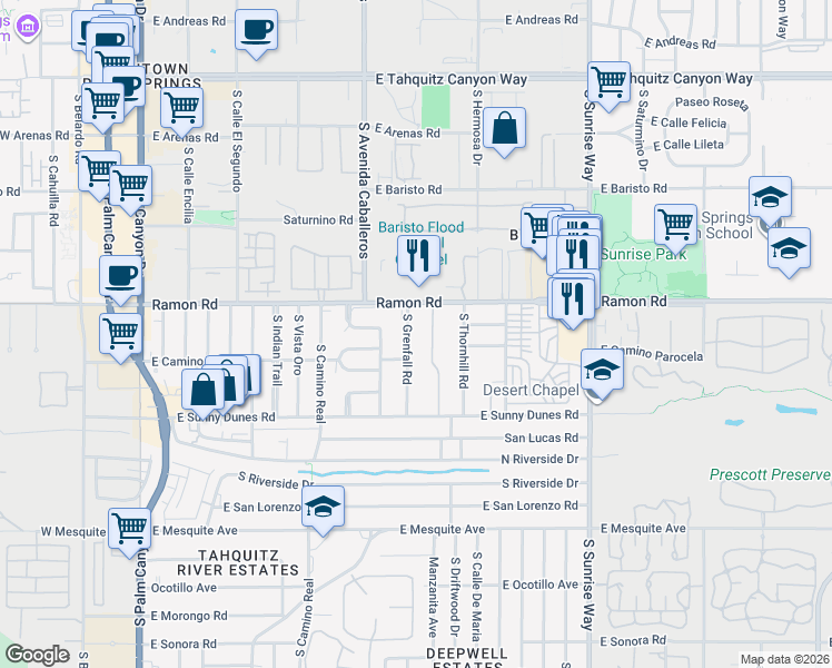 map of restaurants, bars, coffee shops, grocery stores, and more near 550 South Grenfall Road in Palm Springs