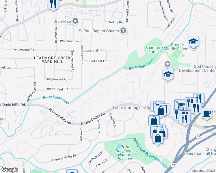 map of restaurants, bars, coffee shops, grocery stores, and more near 2543 Wilson Woods Drive in Decatur