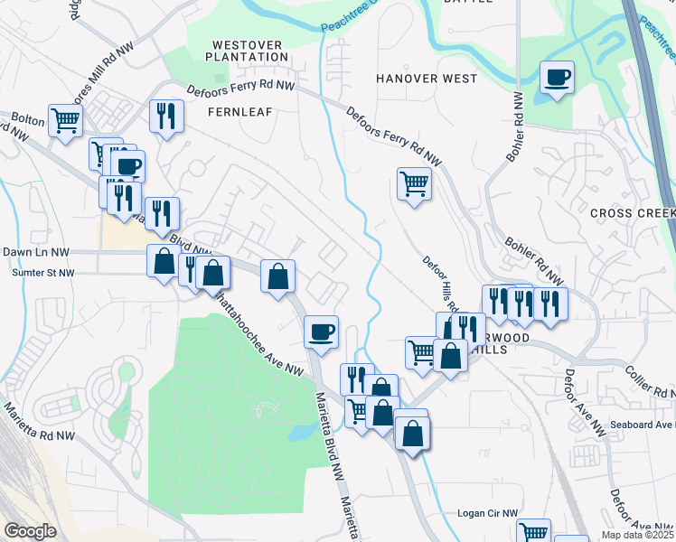 map of restaurants, bars, coffee shops, grocery stores, and more near 1761 Liberty Parkway Northwest in Atlanta