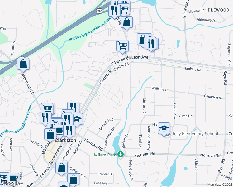 map of restaurants, bars, coffee shops, grocery stores, and more near 4159 Church Street in Clarkston