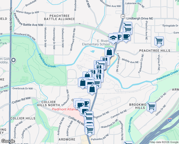 map of restaurants, bars, coffee shops, grocery stores, and more near 2204 Peachtree Road Northwest in Atlanta
