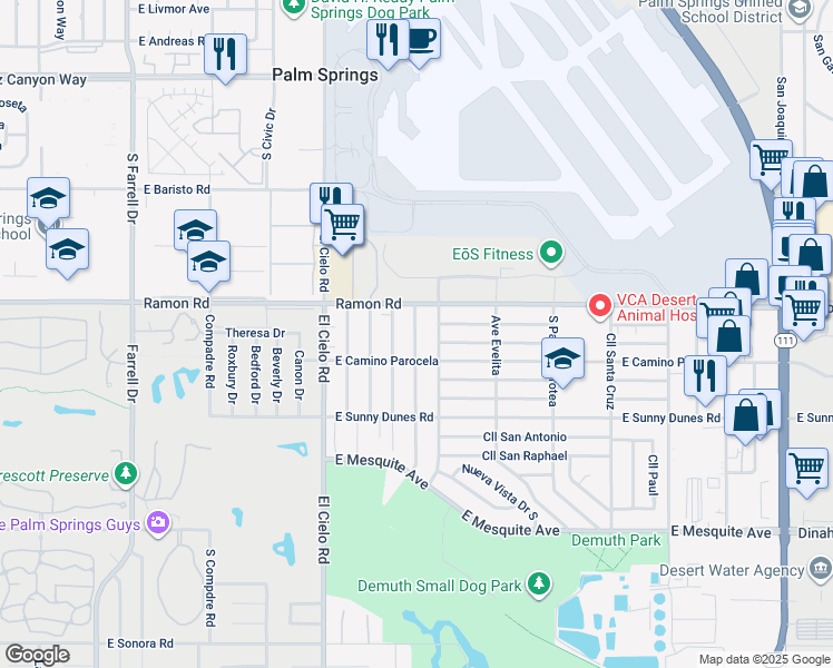map of restaurants, bars, coffee shops, grocery stores, and more near 563 El Placer Road in Palm Springs