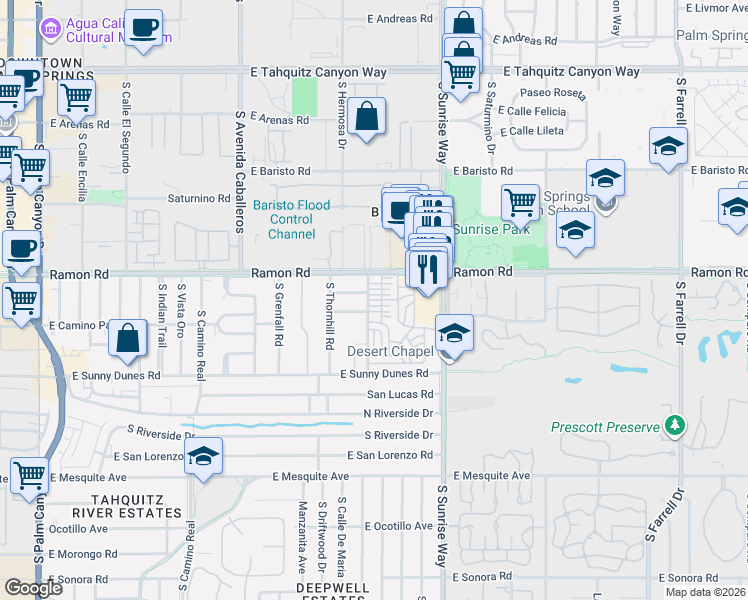 map of restaurants, bars, coffee shops, grocery stores, and more near 73 Escanaba Street in Palm Springs