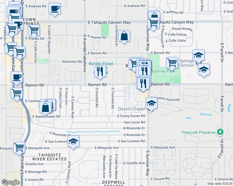 map of restaurants, bars, coffee shops, grocery stores, and more near 1376 Camino Amapola in Palm Springs