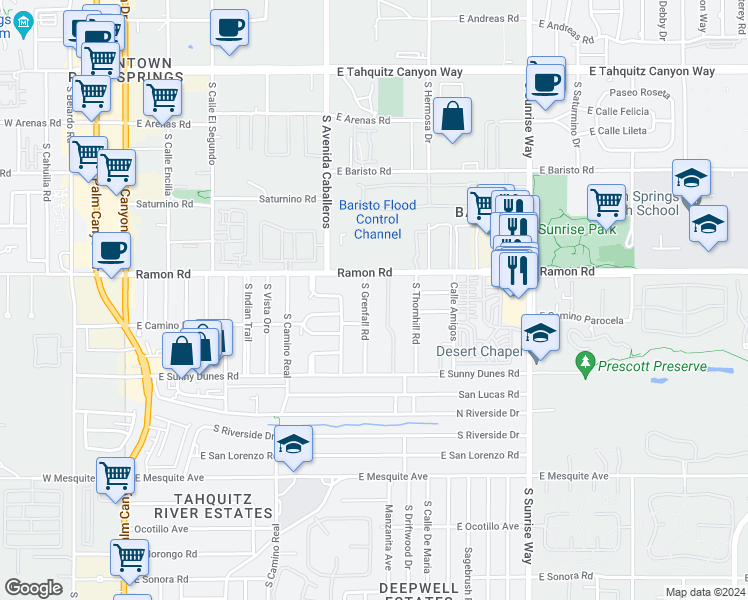 map of restaurants, bars, coffee shops, grocery stores, and more near 560 South Grenfall Road in Palm Springs