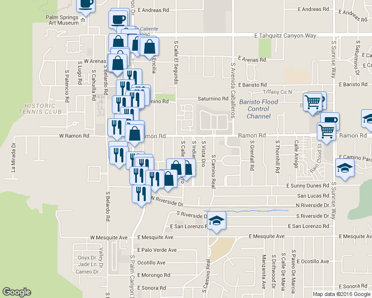 map of restaurants, bars, coffee shops, grocery stores, and more near 580 South Calle Palo Fierro in Palm Springs