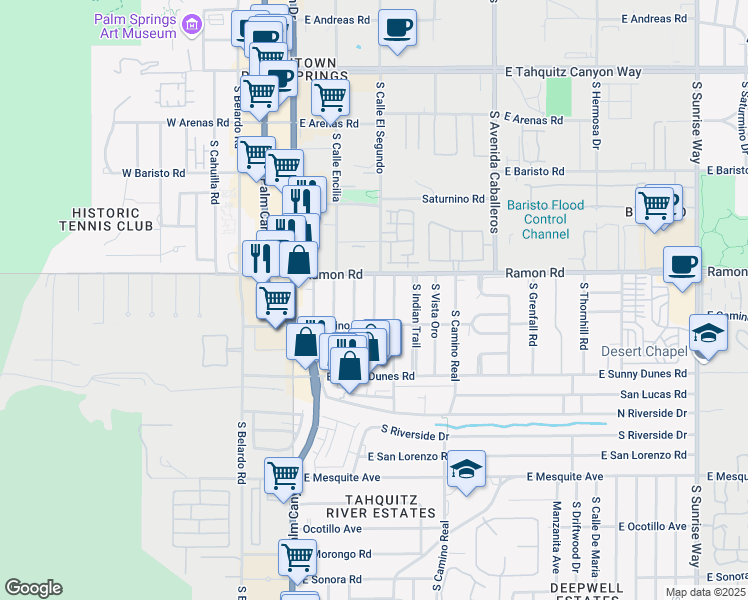 map of restaurants, bars, coffee shops, grocery stores, and more near 579 Calle Abronia South in Palm Springs