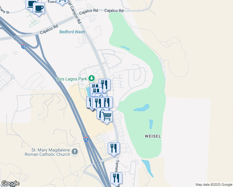 map of restaurants, bars, coffee shops, grocery stores, and more near 4436 Owens Street in Corona