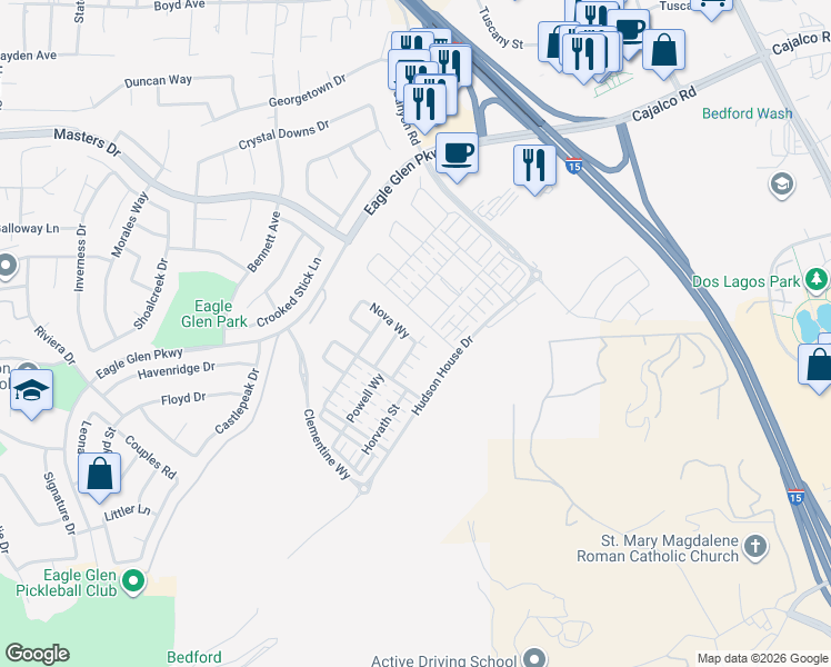 map of restaurants, bars, coffee shops, grocery stores, and more near 4105 Cameron Way in Corona
