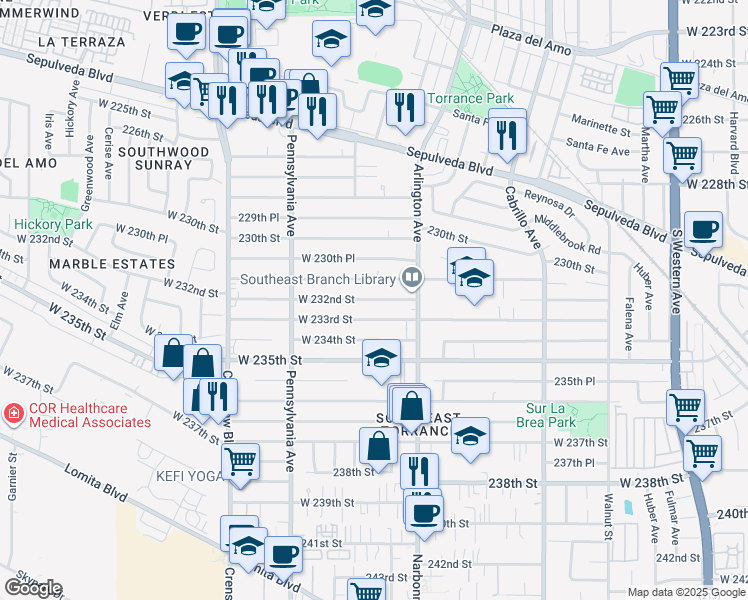map of restaurants, bars, coffee shops, grocery stores, and more near 2247 West 233rd Street in Torrance