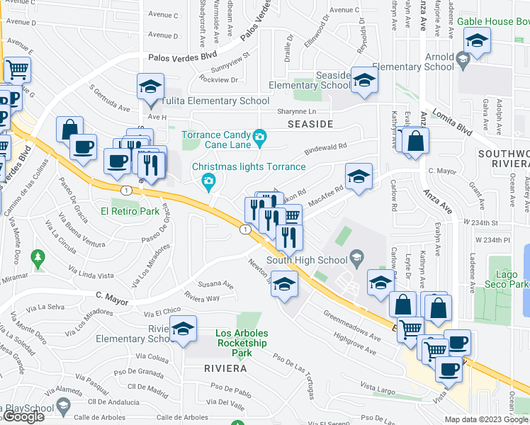 map of restaurants, bars, coffee shops, grocery stores, and more near 5215 Doris Way in Torrance