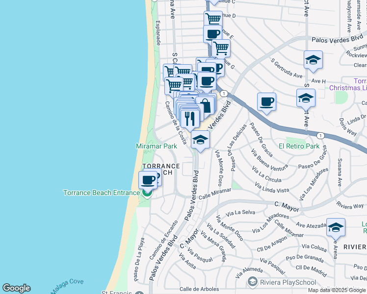 map of restaurants, bars, coffee shops, grocery stores, and more near 319 Palos Verdes Boulevard in Redondo Beach