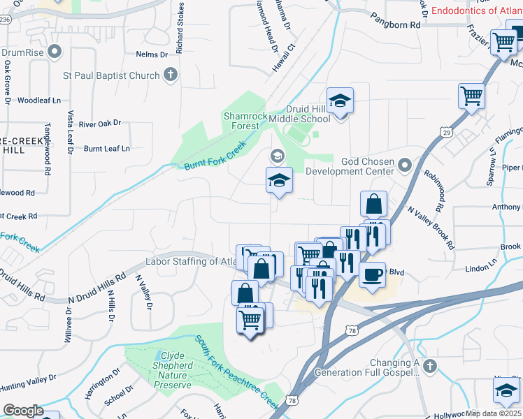 map of restaurants, bars, coffee shops, grocery stores, and more near 2735 Shetland Drive in Decatur