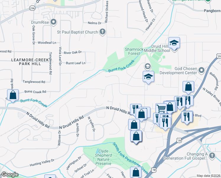 map of restaurants, bars, coffee shops, grocery stores, and more near 1208 Laurel Hill Drive in Decatur
