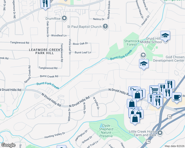 map of restaurants, bars, coffee shops, grocery stores, and more near 2543 Wilson Woods Drive in Decatur