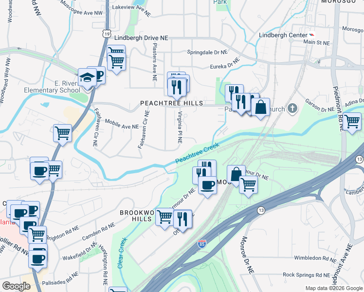 map of restaurants, bars, coffee shops, grocery stores, and more near 2197 Virginia Place Northeast in Atlanta
