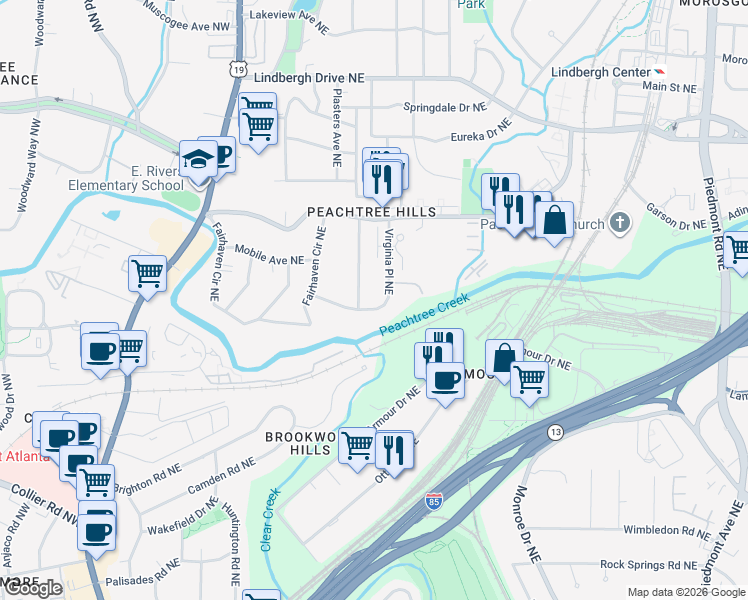 map of restaurants, bars, coffee shops, grocery stores, and more near 2186 Virginia Place Northeast in Atlanta