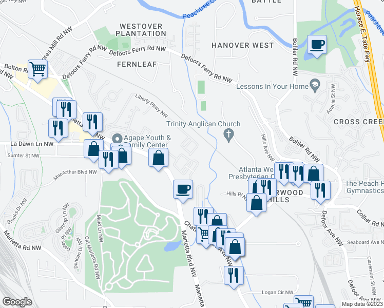 map of restaurants, bars, coffee shops, grocery stores, and more near 1737 Liberty Parkway Northwest in Atlanta