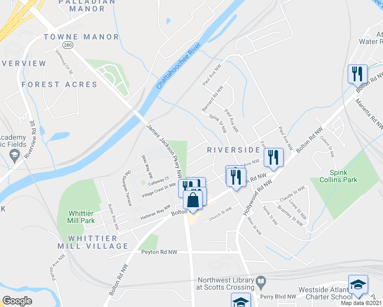 map of restaurants, bars, coffee shops, grocery stores, and more near 2666 Main Street Northwest in Atlanta