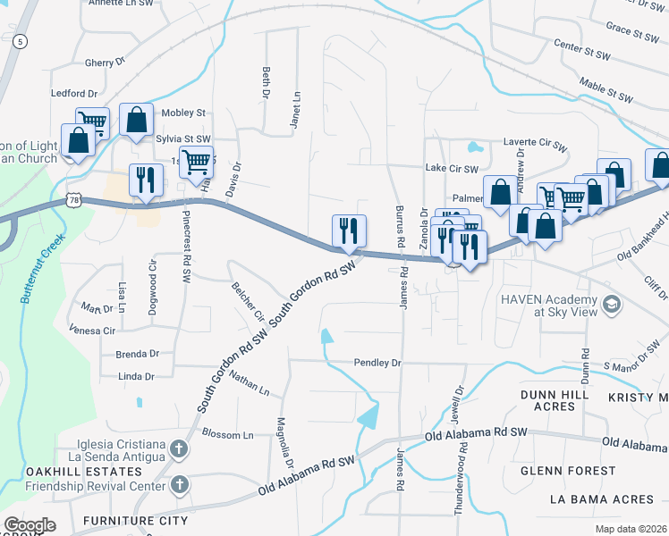 map of restaurants, bars, coffee shops, grocery stores, and more near 5723 South Gordon Road Southwest in Austell