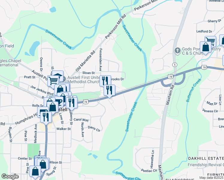 map of restaurants, bars, coffee shops, grocery stores, and more near 3460 Veterans Memorial Highway Southwest in Austell